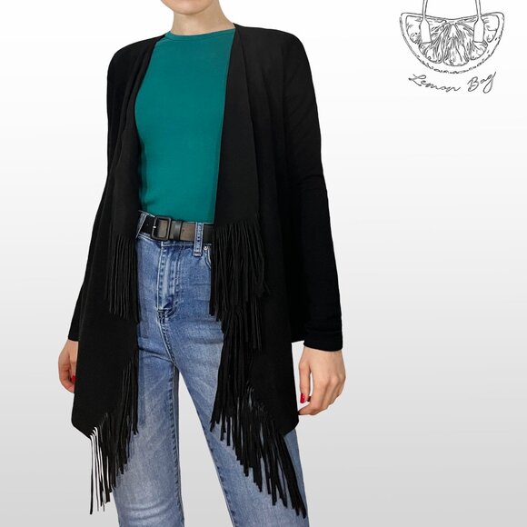 INC International Concepts / Draped Fringe Suede Cardigan / Size S / Color Black - Picture 2 of 6